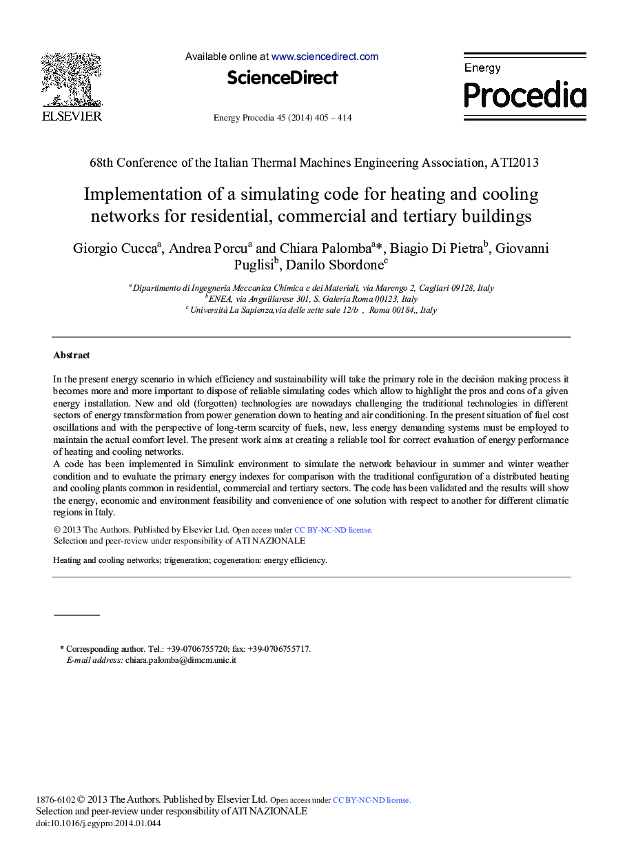 Implementation of a Simulating Code for Heating and Cooling Networks for Residential, Commercial and Tertiary Buildings 