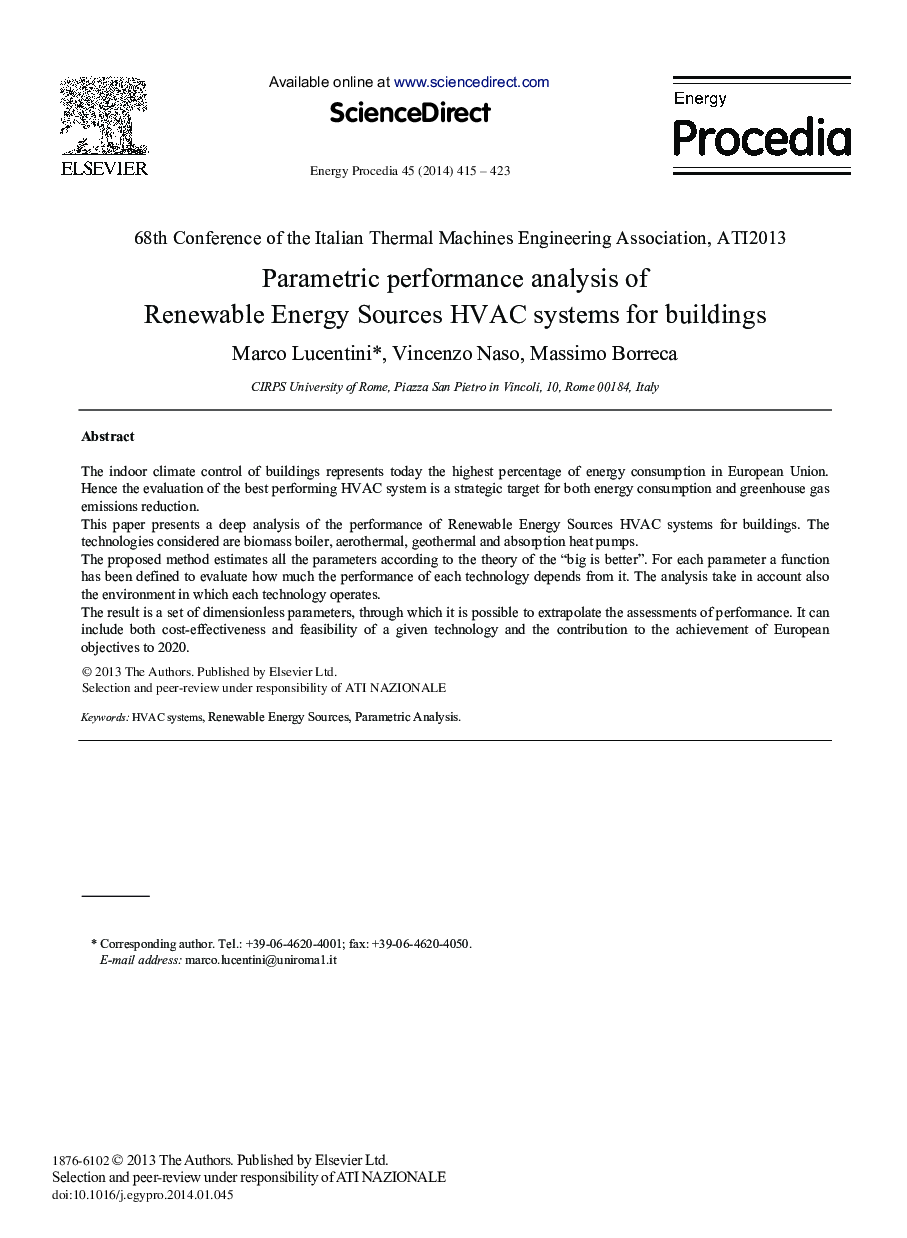 Parametric Performance Analysis of Renewable Energy Sources HVAC Systems for Buildings