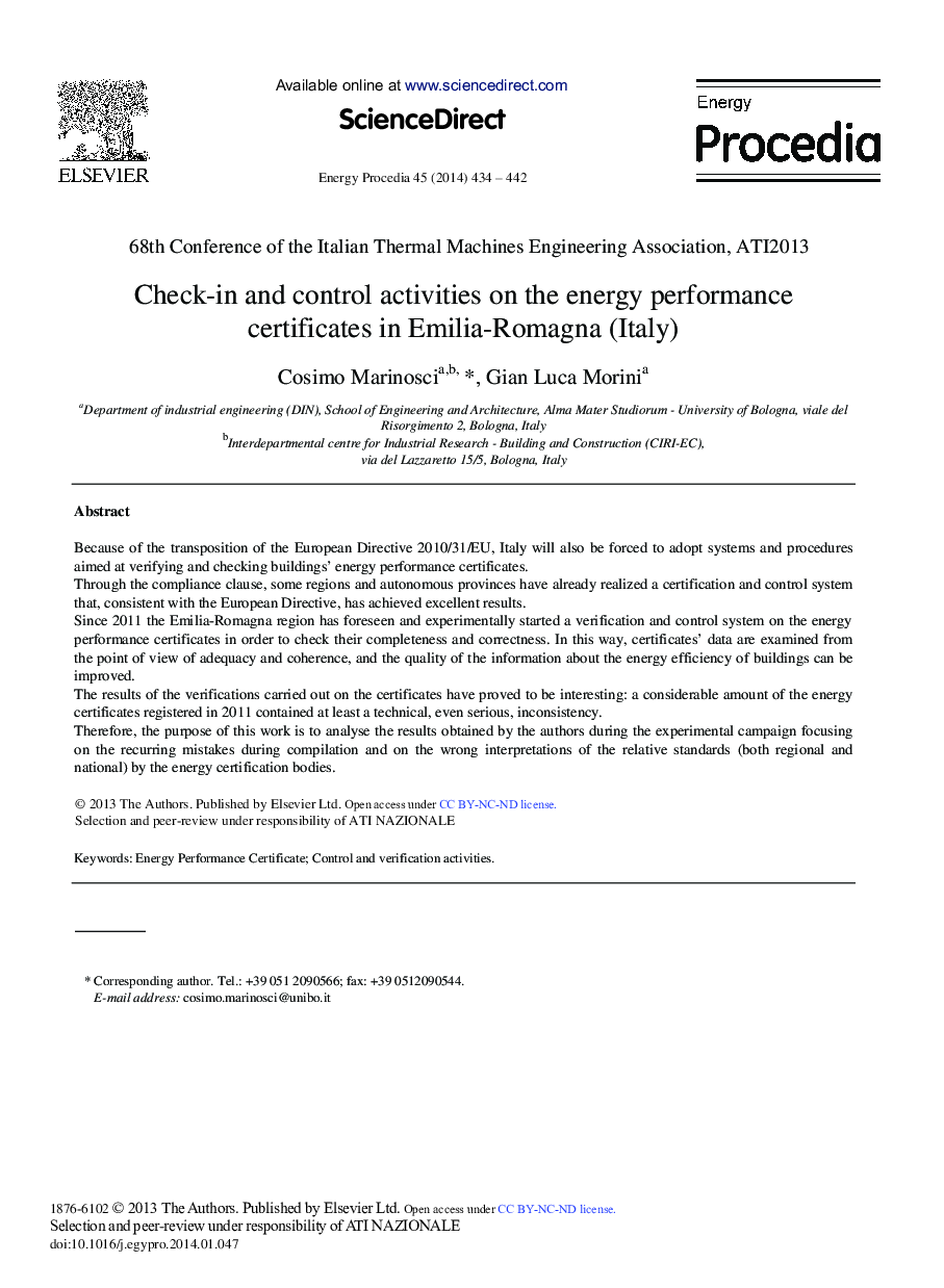 Check-in and Control Activities on the Energy Performance Certificates in Emilia-Romagna (Italy) 