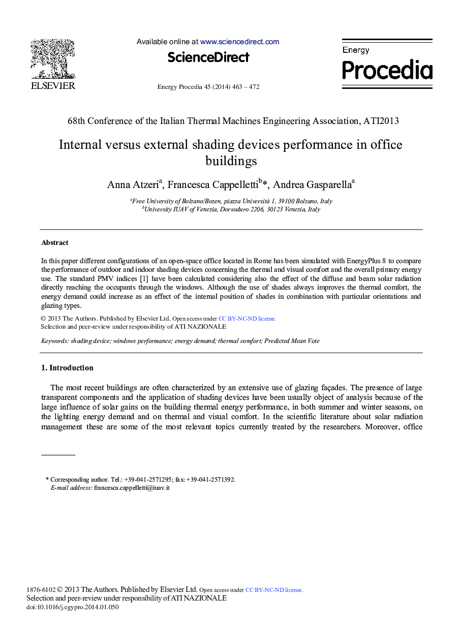 Internal Versus External Shading Devices Performance in Office Buildings 