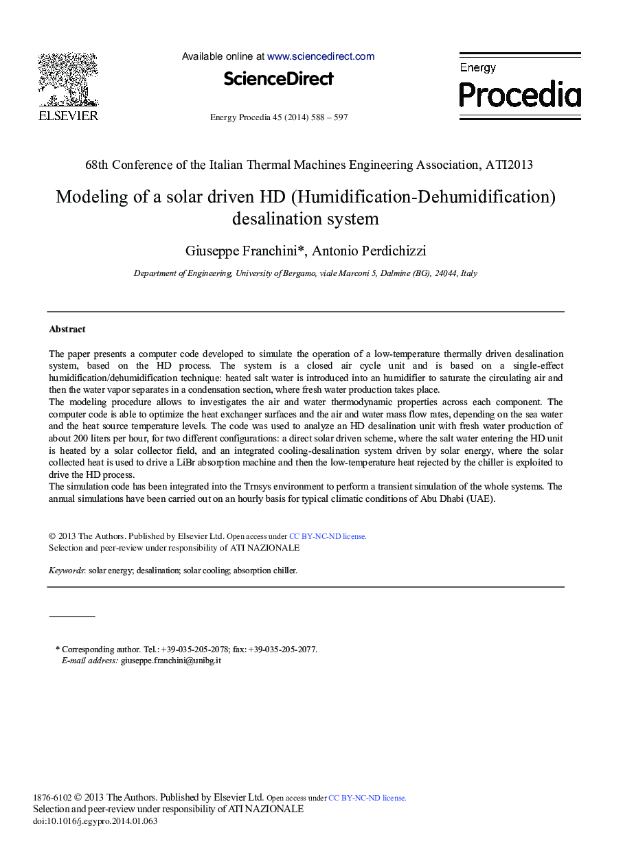 Modeling of a Solar Driven HD (Humidification-Dehumidification) Desalination System 