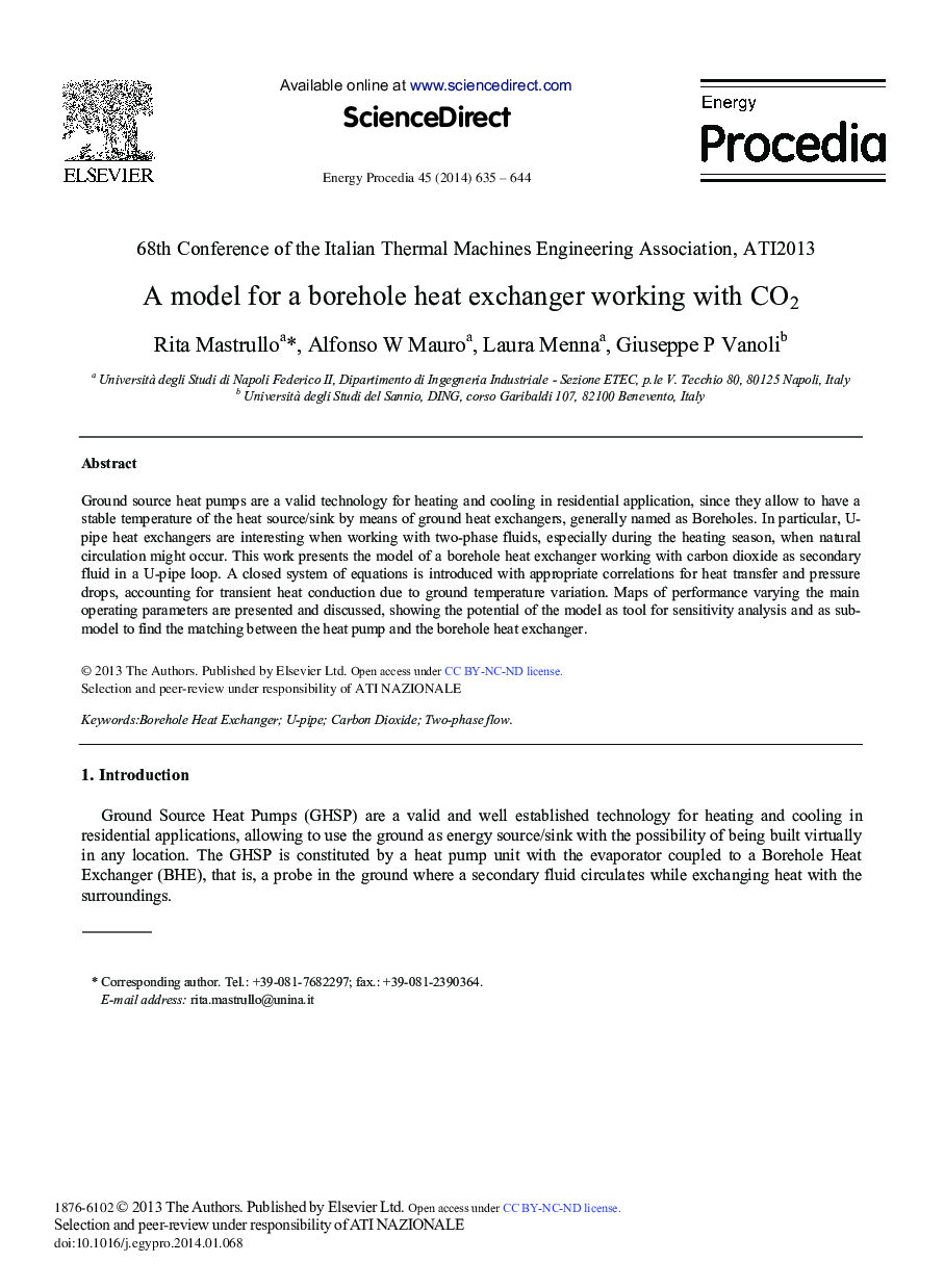 A Model for a Borehole Heat Exchanger Working with CO2