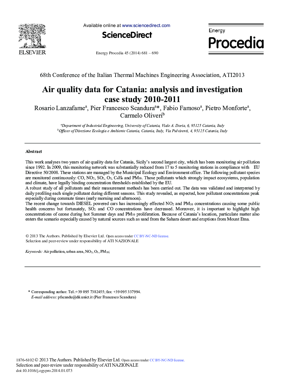 Air Quality Data for Catania: Analysis and Investigation Case Study 2010–2011 