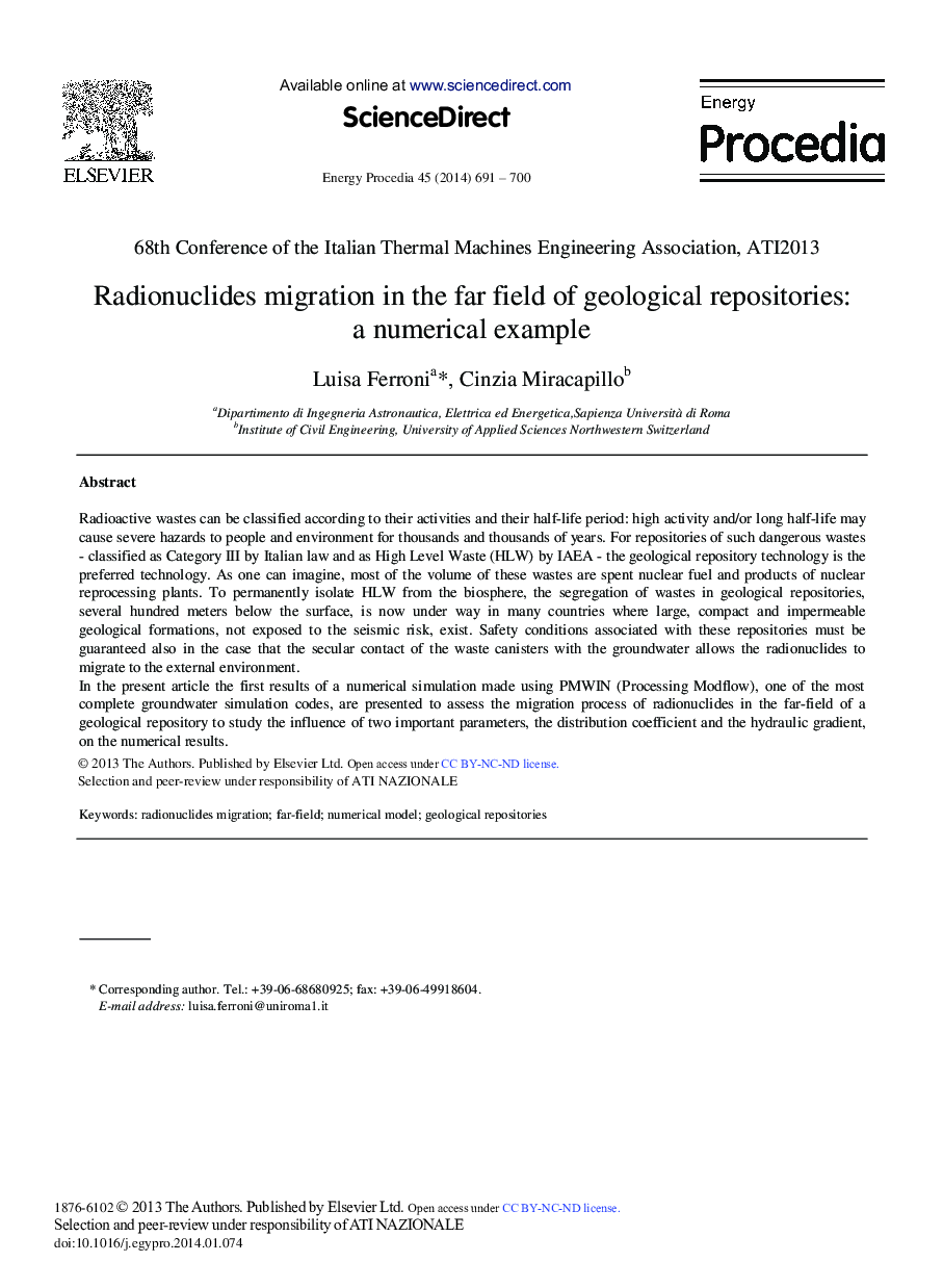 Radionuclides Migration in the Far Field of Geological Repositories: A Numerical Example 