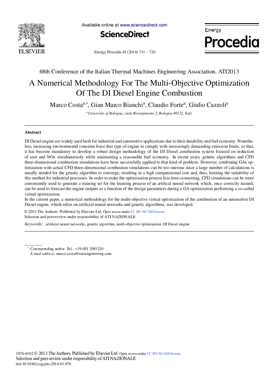 A Numerical Methodology for the Multi-objective Optimization of the DI Diesel Engine Combustion 
