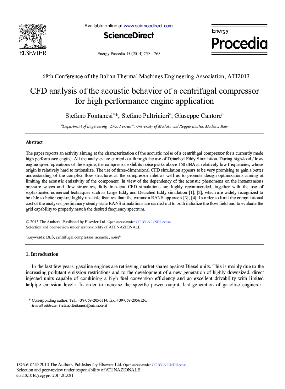 CFD Analysis of the Acoustic Behavior of a Centrifugal Compressor for High Performance Engine Application 