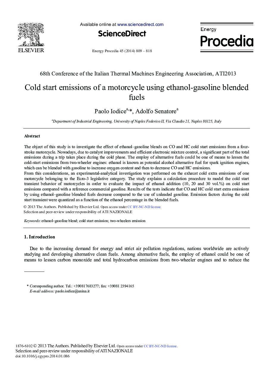 Cold Start Emissions of a Motorcycle Using Ethanol-gasoline Blended Fuels 