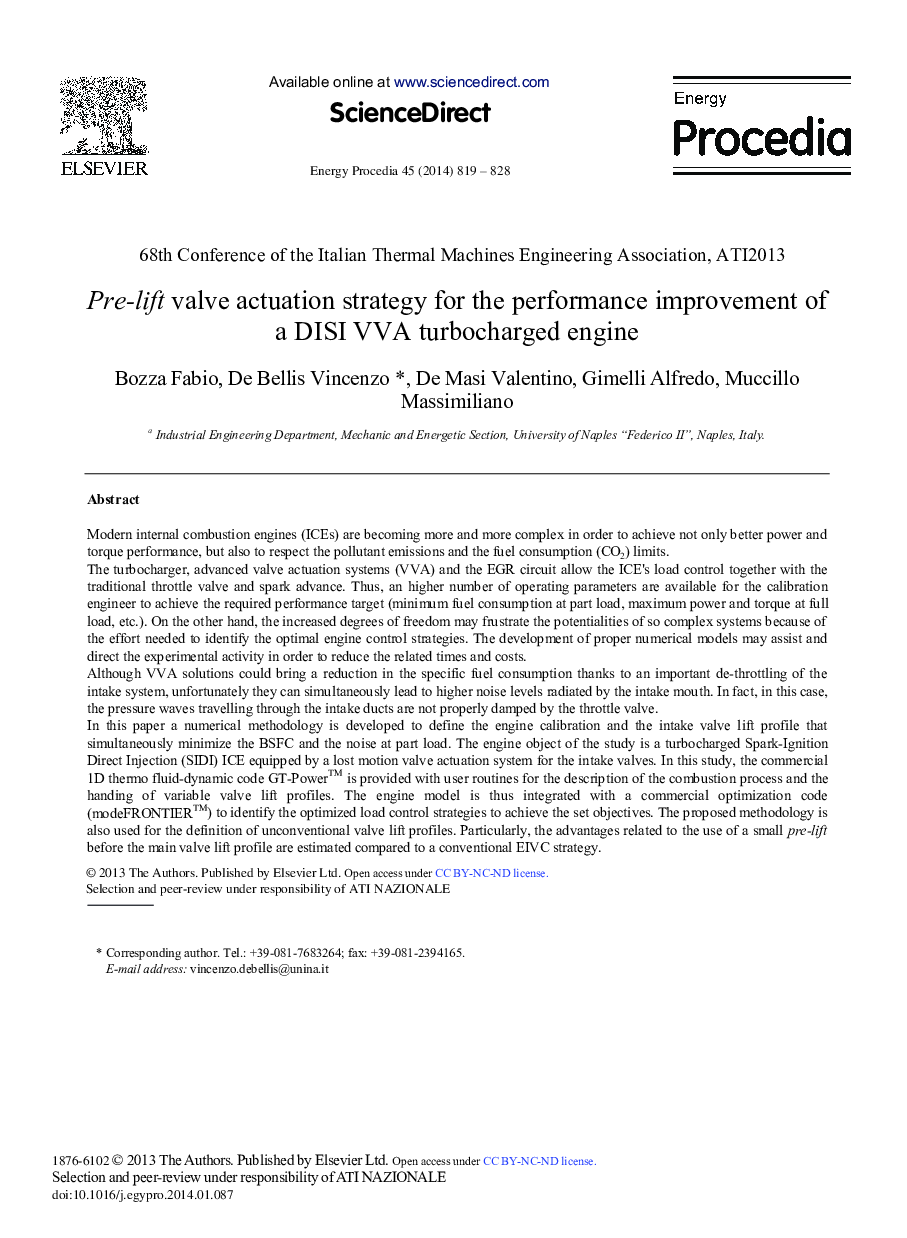 Pre-lift Valve Actuation Strategy for the Performance Improvement of a DISI VVA Turbocharged Engine 