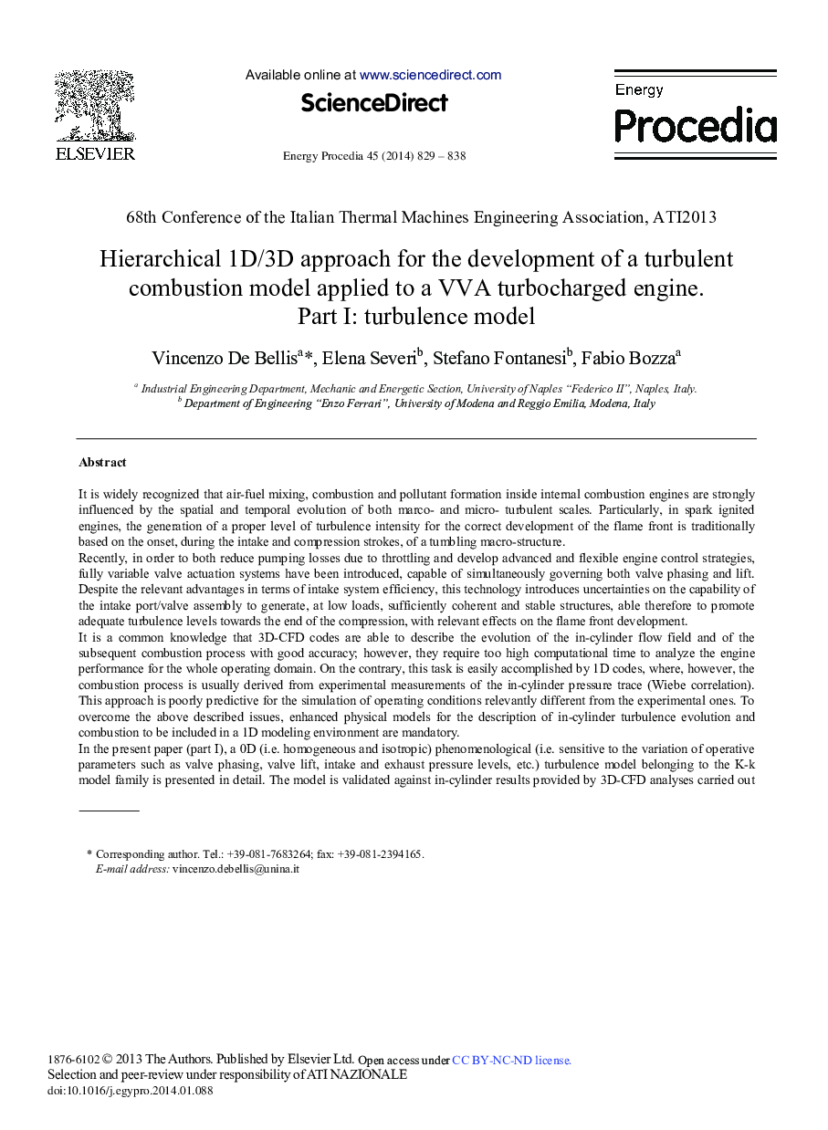 Hierarchical 1D/3D Approach for the Development of a Turbulent Combustion Model Applied to a VVA Turbocharged Engine. Part I: Turbulence Model 
