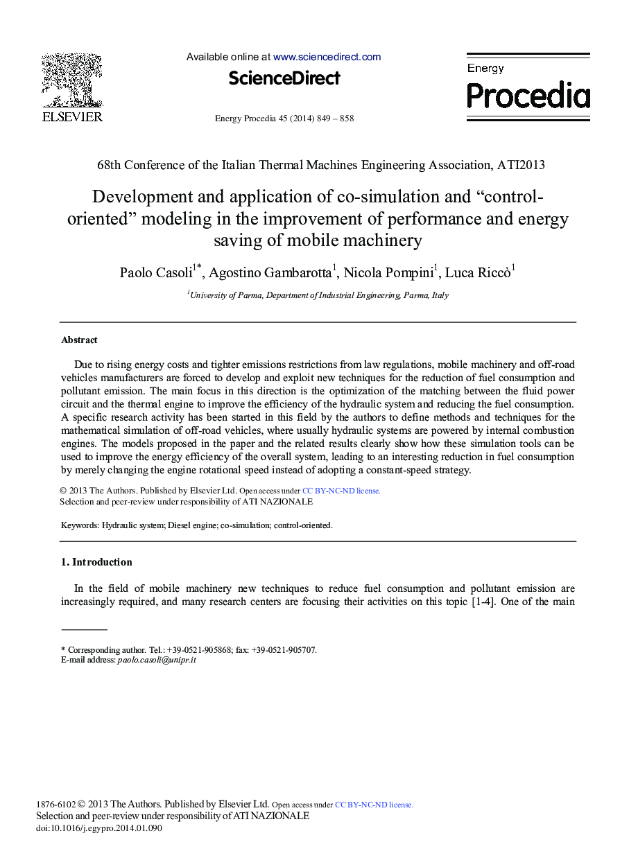 Development and Application of Co-simulation and “Control- oriented” Modeling in the Improvement of Performance and Energy Saving of Mobile Machinery 