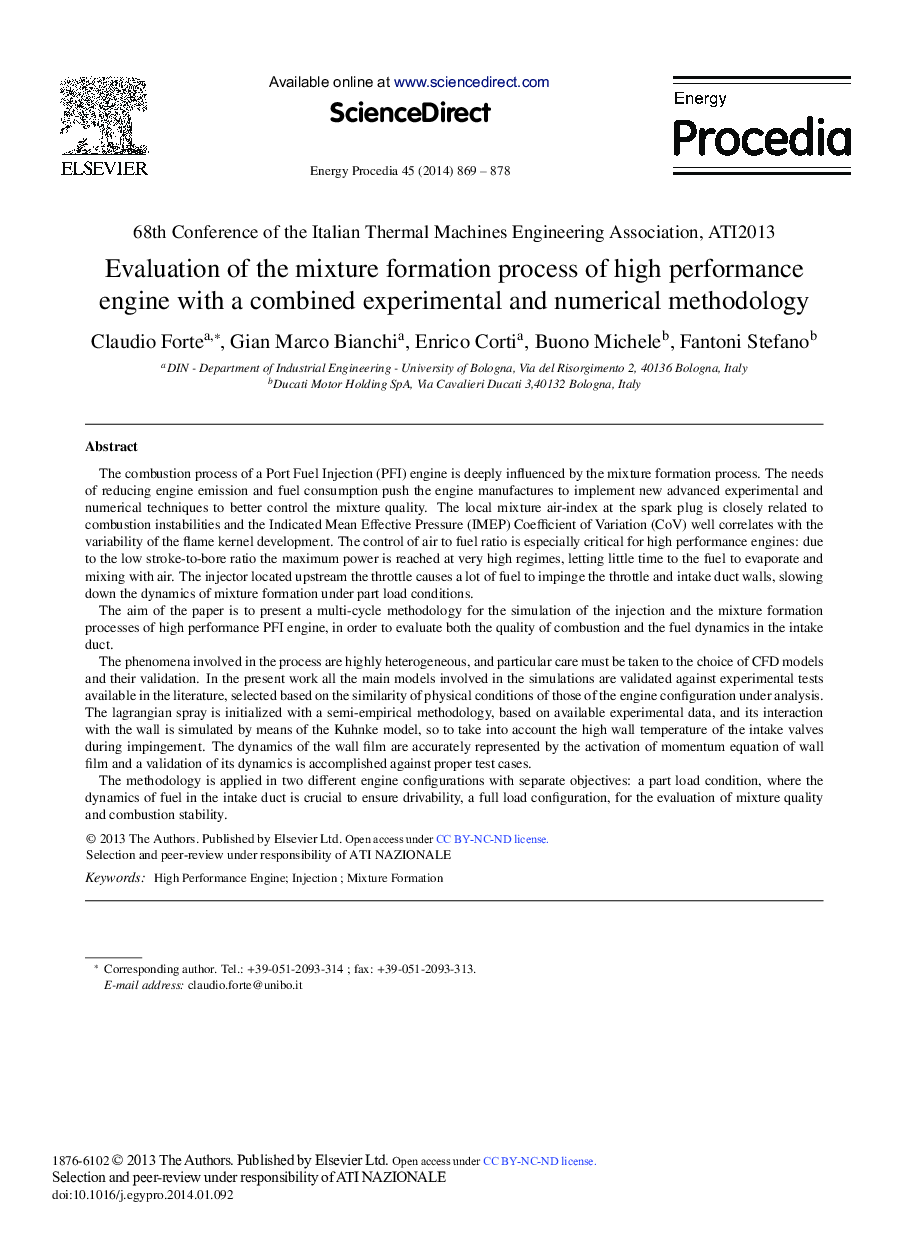 Evaluation of the Mixture Formation Process of High Performance Engine with a Combined Experimental and Numerical Methodology 