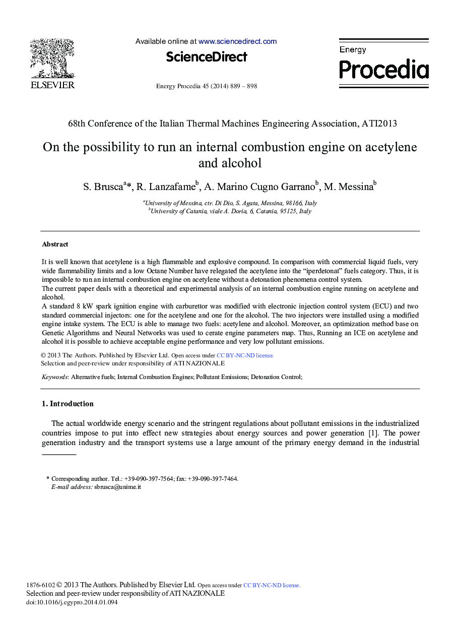 On the Possibility to Run an Internal Combustion Engine on Acetylene and Alcohol 