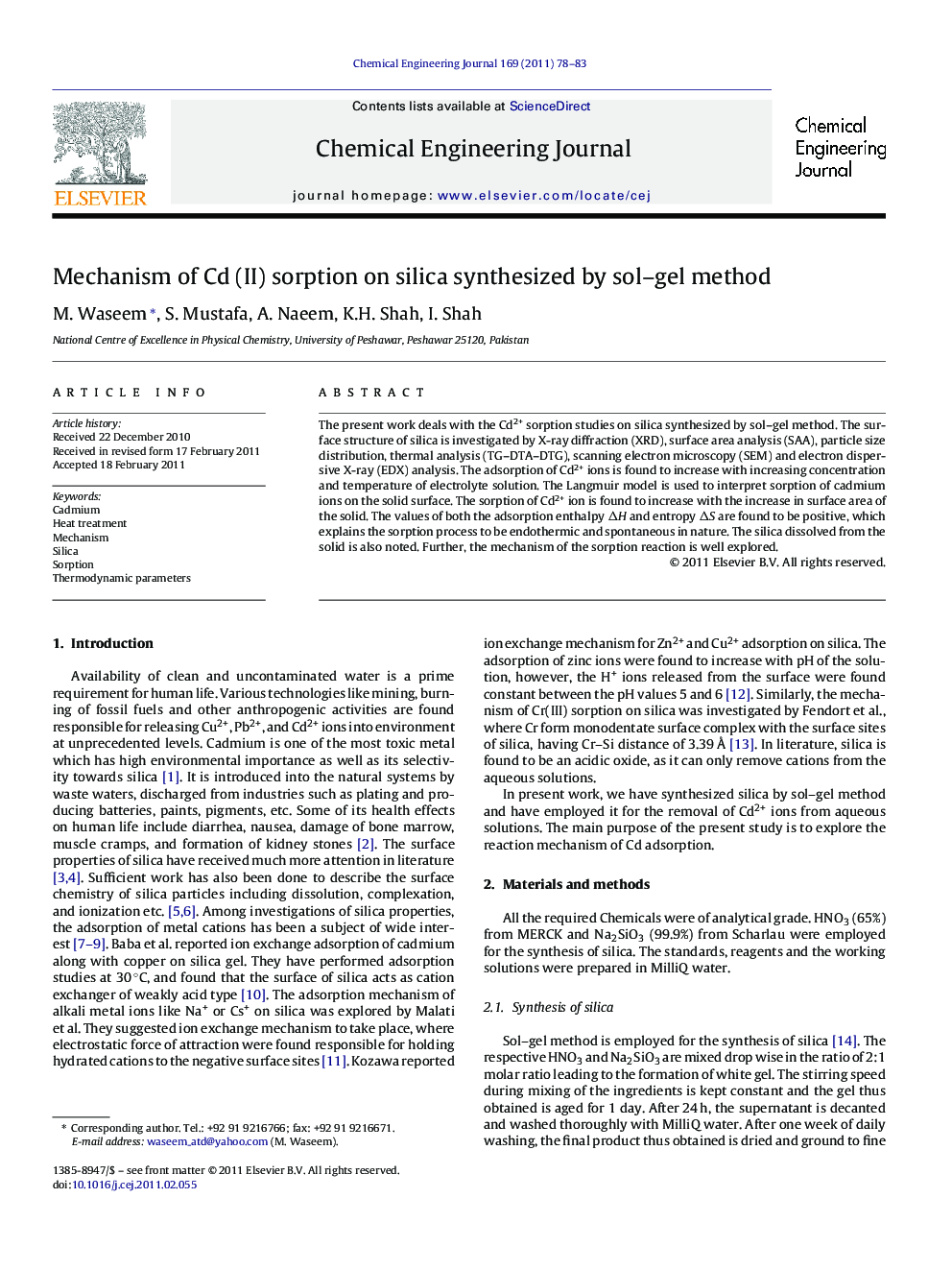 Mechanism of Cd (II) sorption on silica synthesized by sol–gel method