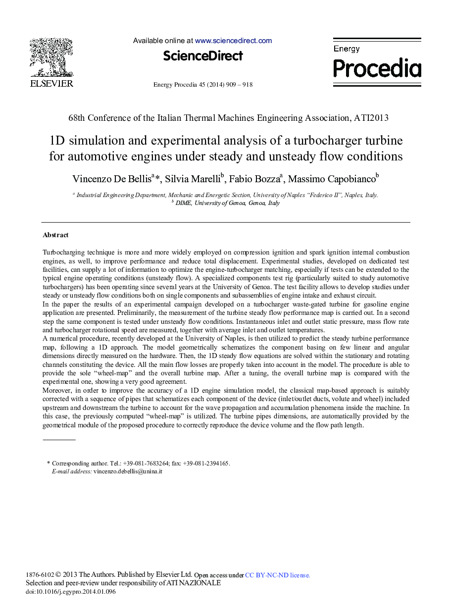 1D Simulation and Experimental Analysis of a Turbocharger Turbine for Automotive Engines Under Steady and Unsteady Flow Conditions