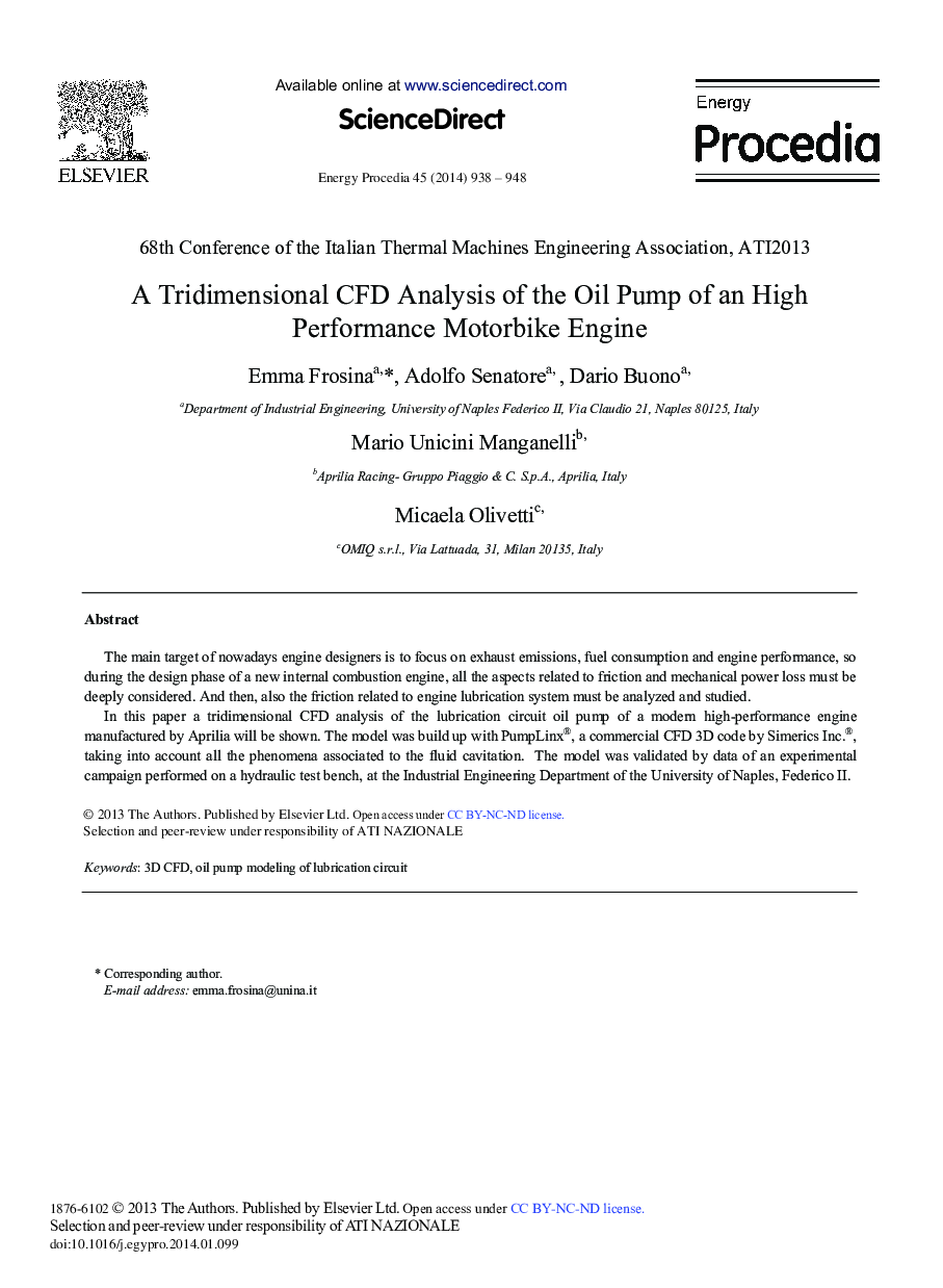 A Tridimensional CFD Analysis of the Oil Pump of an High Performance Motorbike Engine 