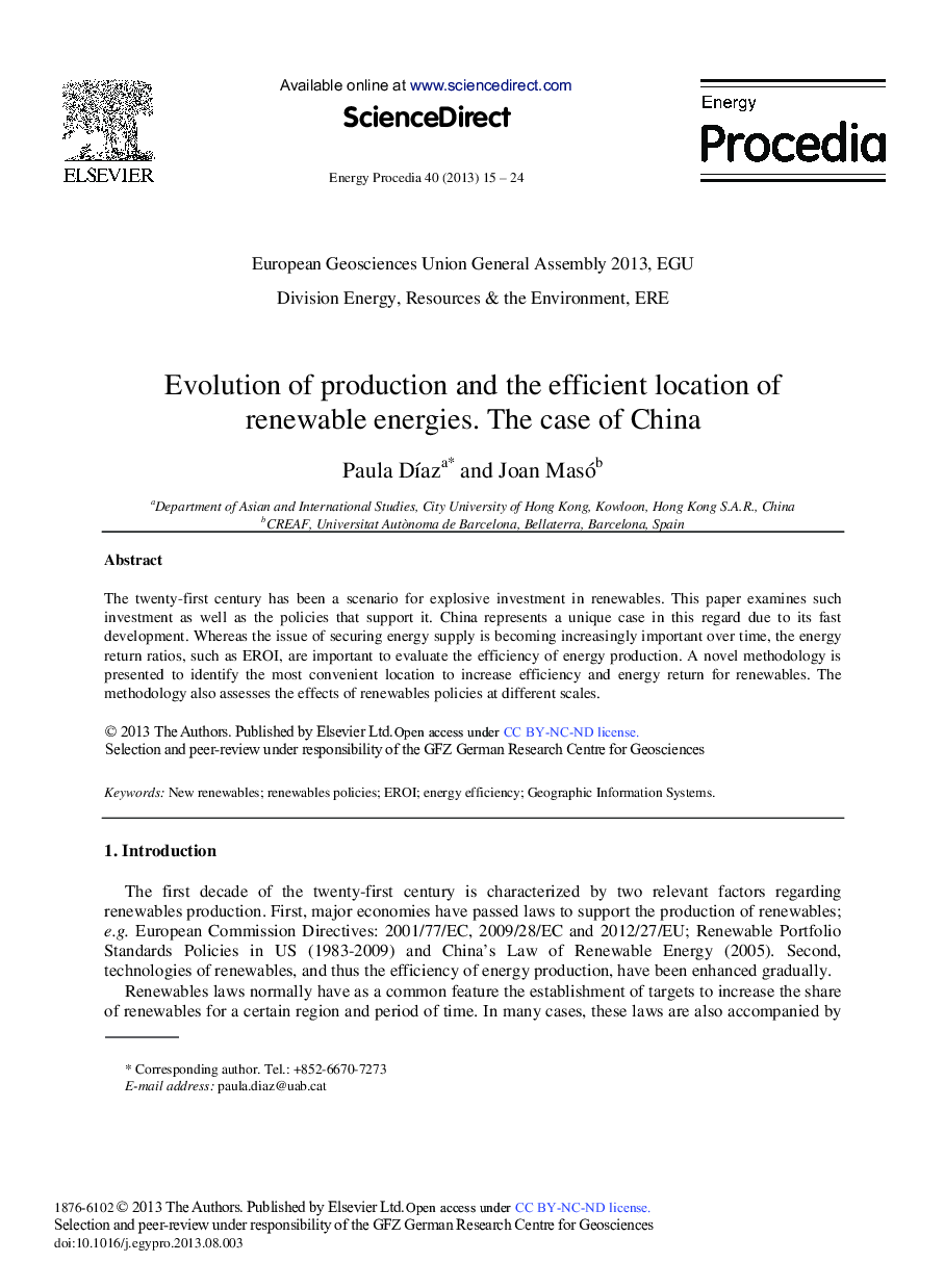 Evolution of Production and the Efficient Location of Renewable Energies. The Case of China 