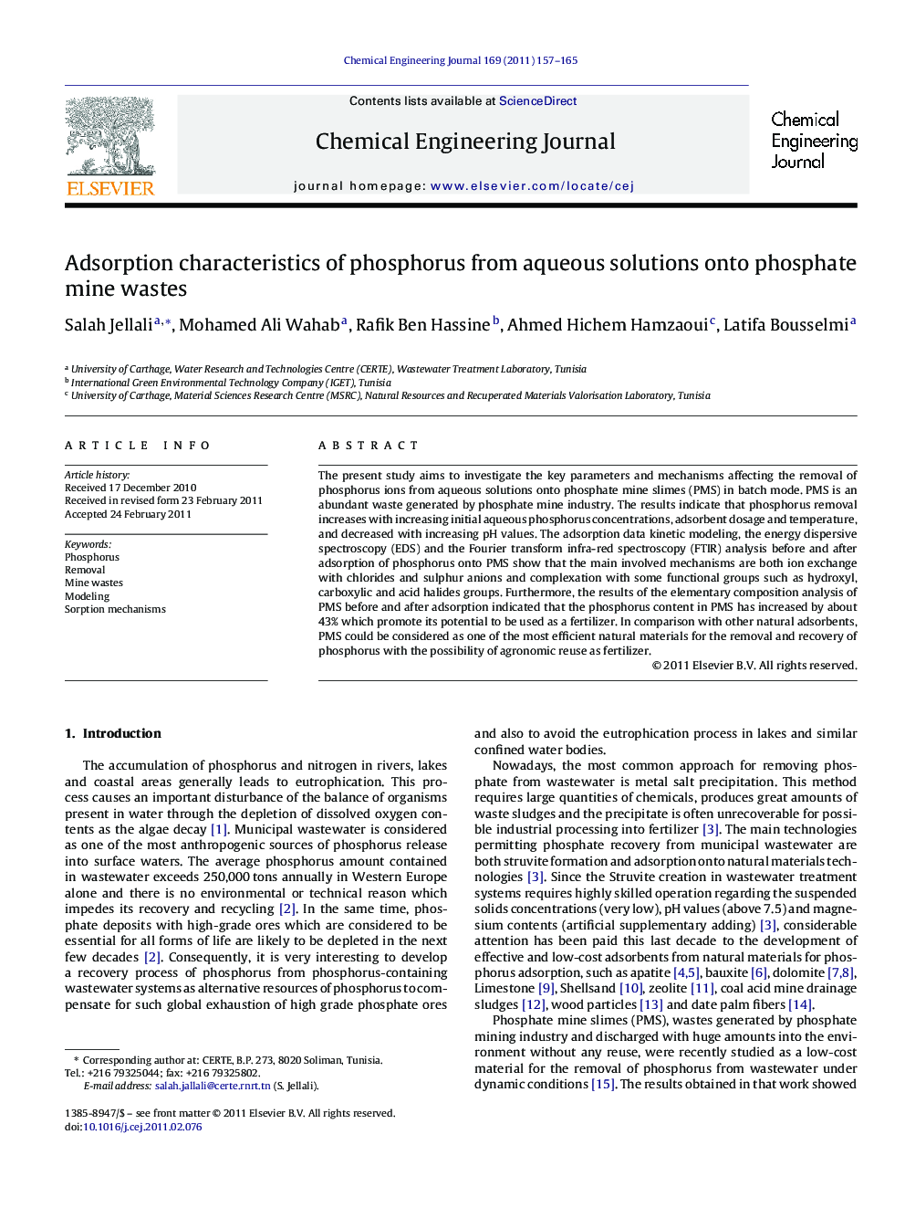 Adsorption characteristics of phosphorus from aqueous solutions onto phosphate mine wastes