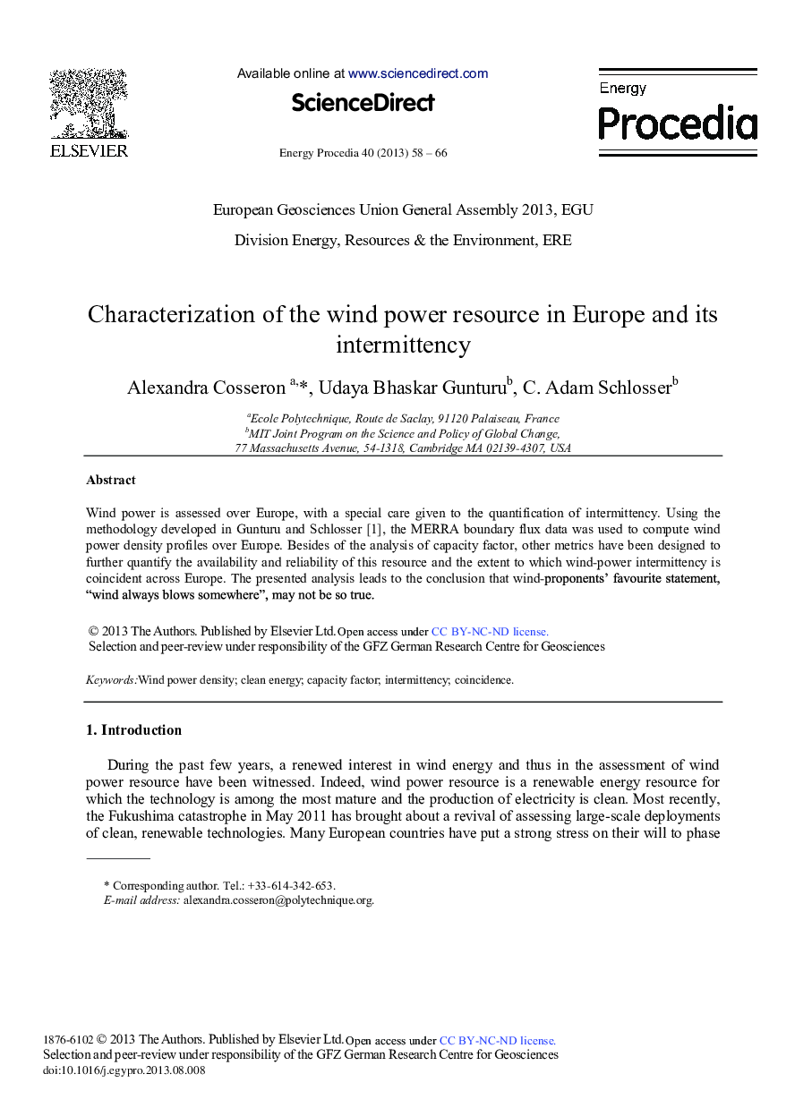 Characterization of the Wind Power Resource in Europe and its Intermittency 