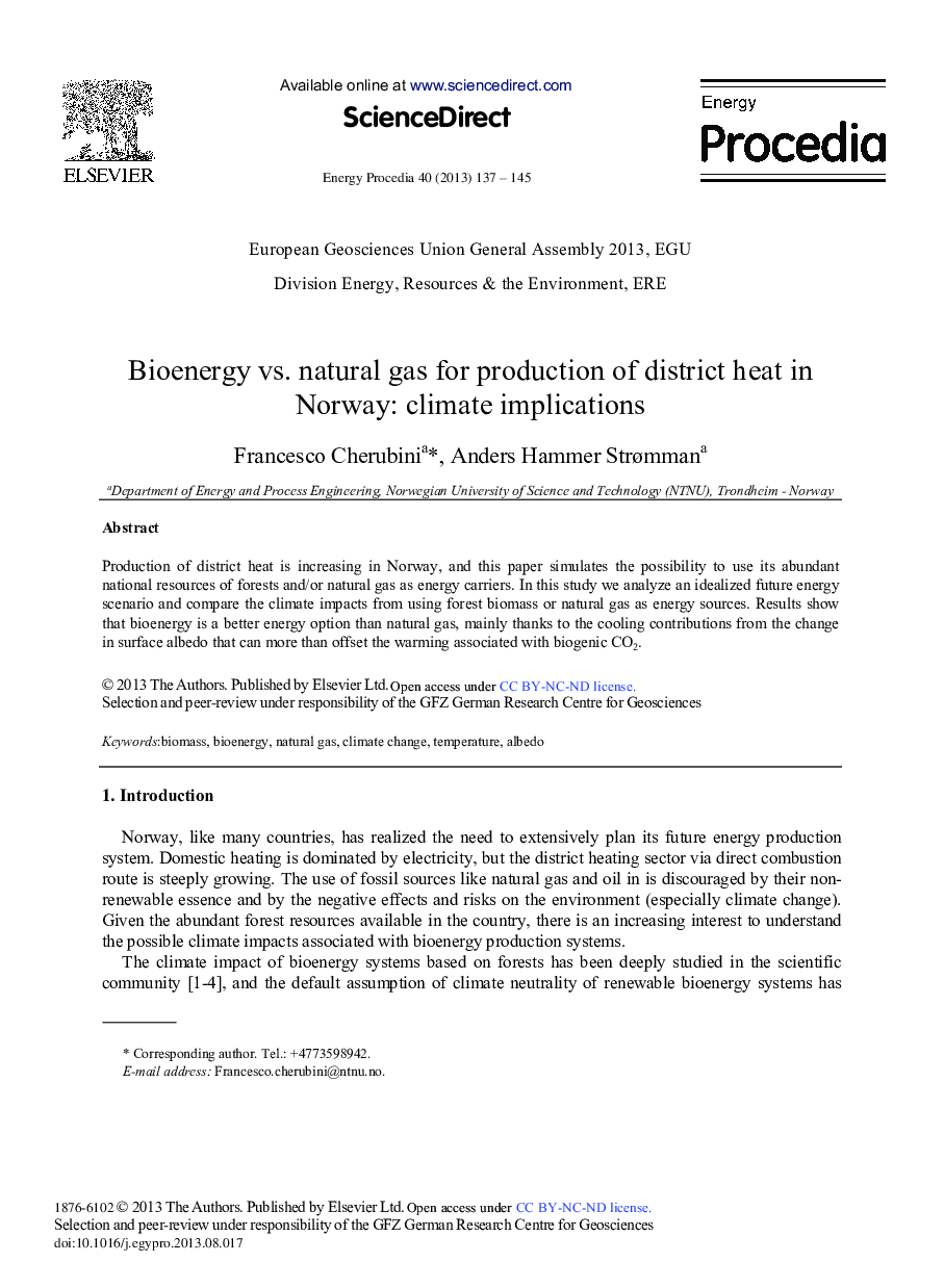 Bioenergy vs. Natural Gas for Production of District Heat in Norway: Climate Implications 