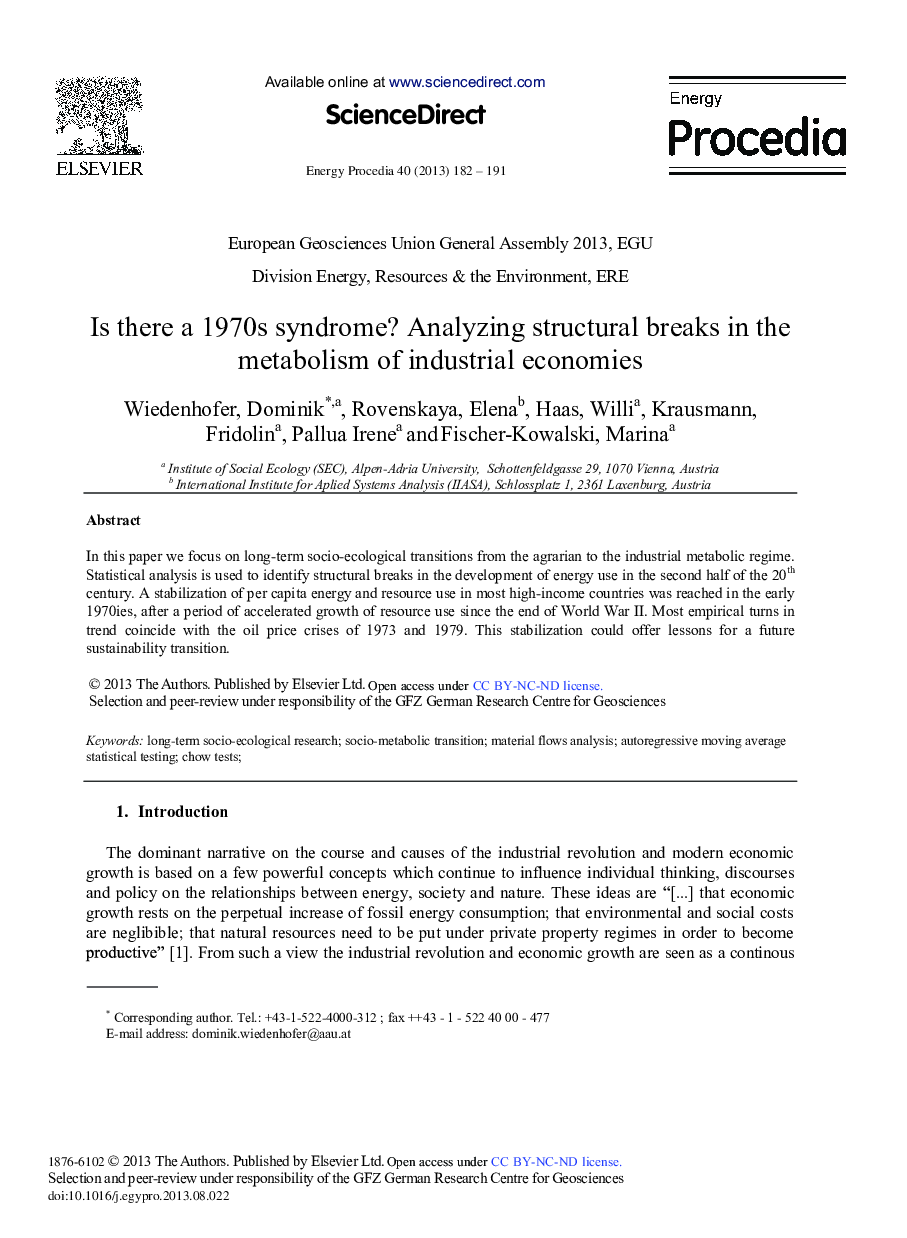 Is there a 1970s Syndrome? Analyzing Structural Breaks in the Metabolism of Industrial Economies 