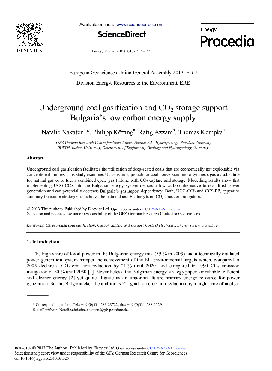 Underground Coal Gasification and CO2 Storage Support Bulgaria's Low Carbon Energy Supply 
