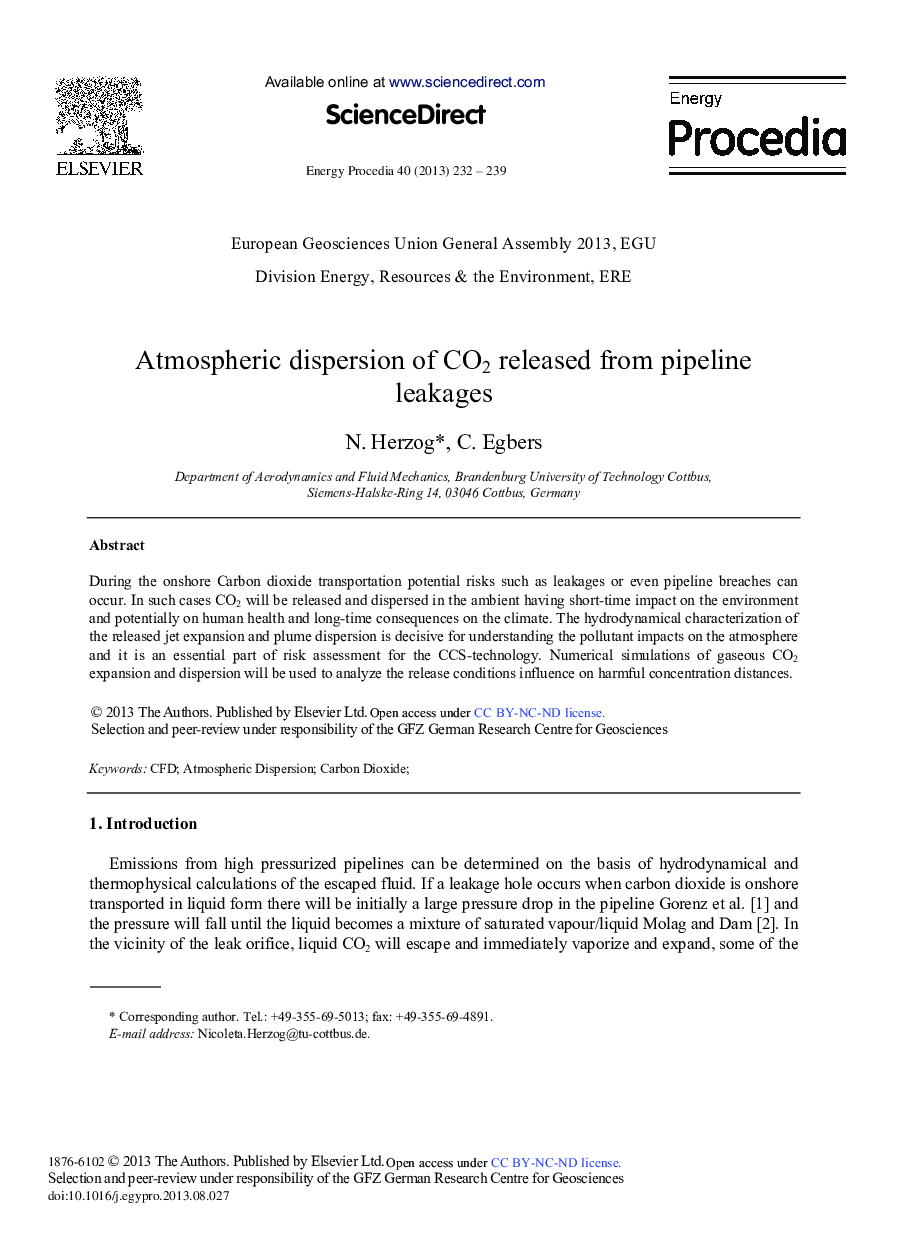 Atmospheric Dispersion of CO2 Released from Pipeline Leakages 
