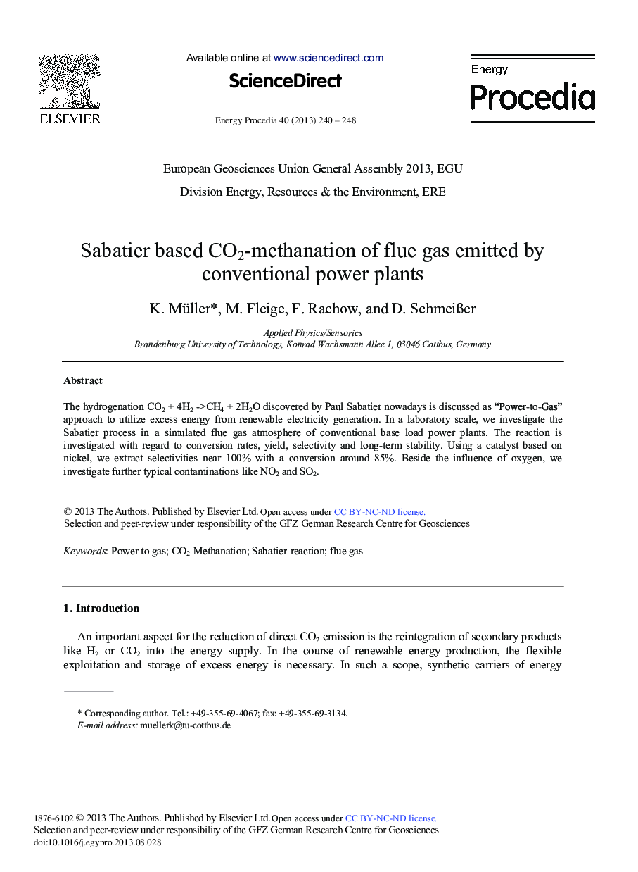 Sabatier based CO2-methanation of Flue Gas Emitted by Conventional Power Plants 