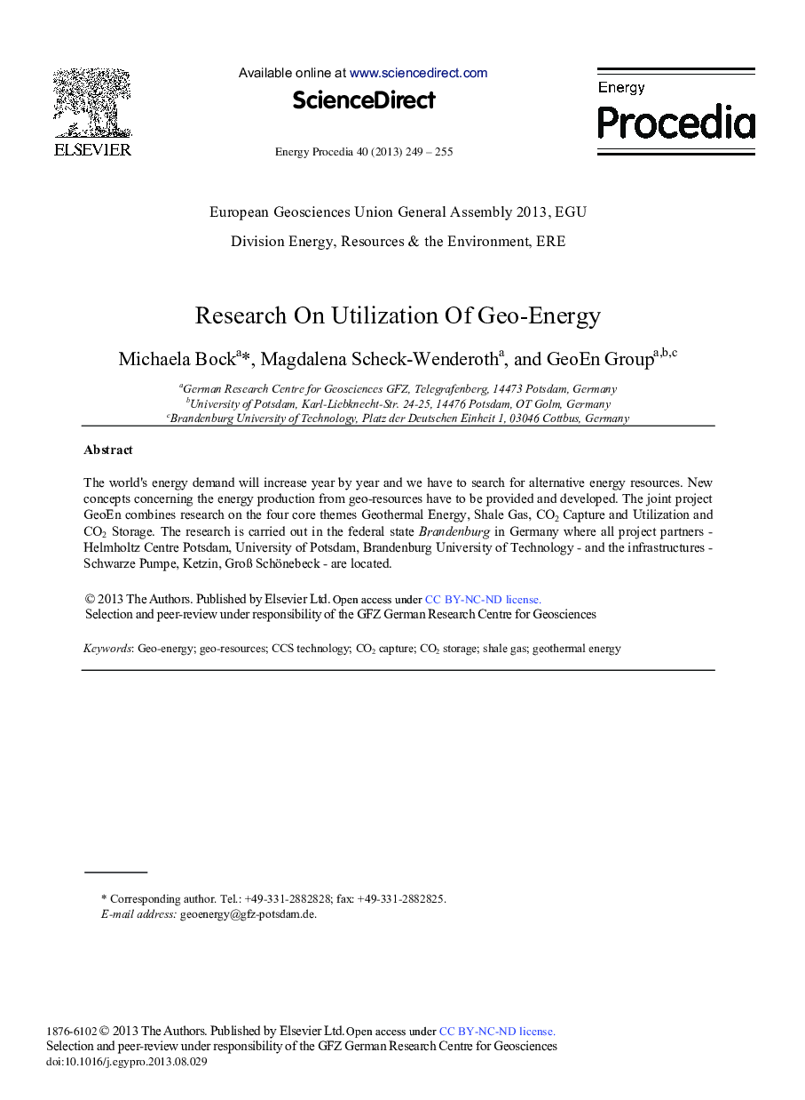 Research on Utilization of Geo-energy 