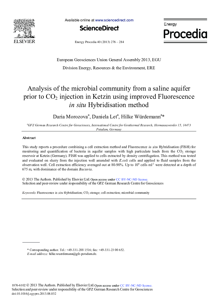Analysis of the Microbial Community from a Saline Aquifer Prior to CO2 Injection in Ketzin Using Improved Fluorescence in situ Hybridisation Method 