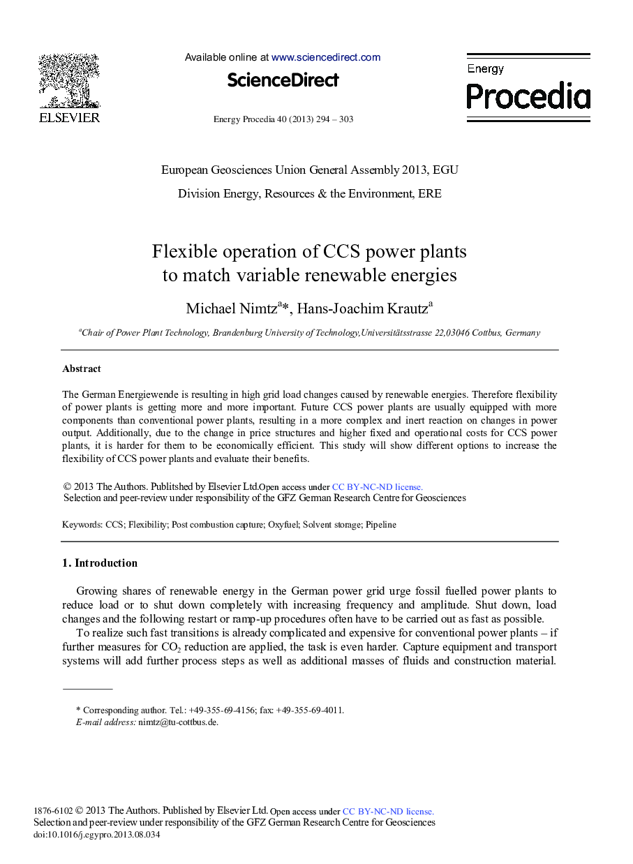 Flexible Operation of CCS Power Plants to Match Variable Renewable Energies 