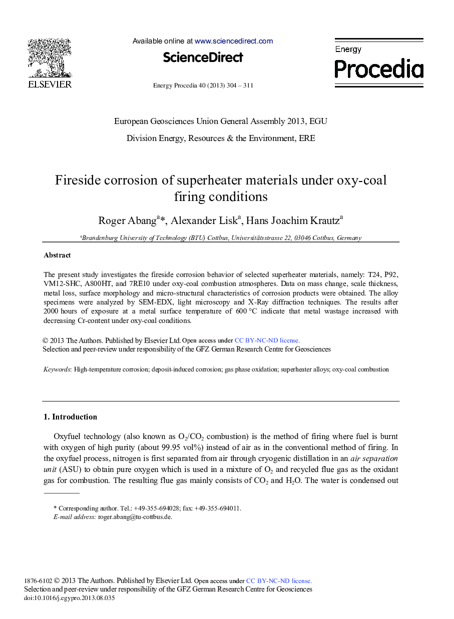 Fireside Corrosion of Superheater Materials Under Oxy-coal Firing Conditions 