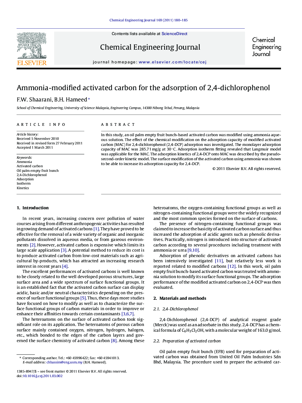 Ammonia-modified activated carbon for the adsorption of 2,4-dichlorophenol