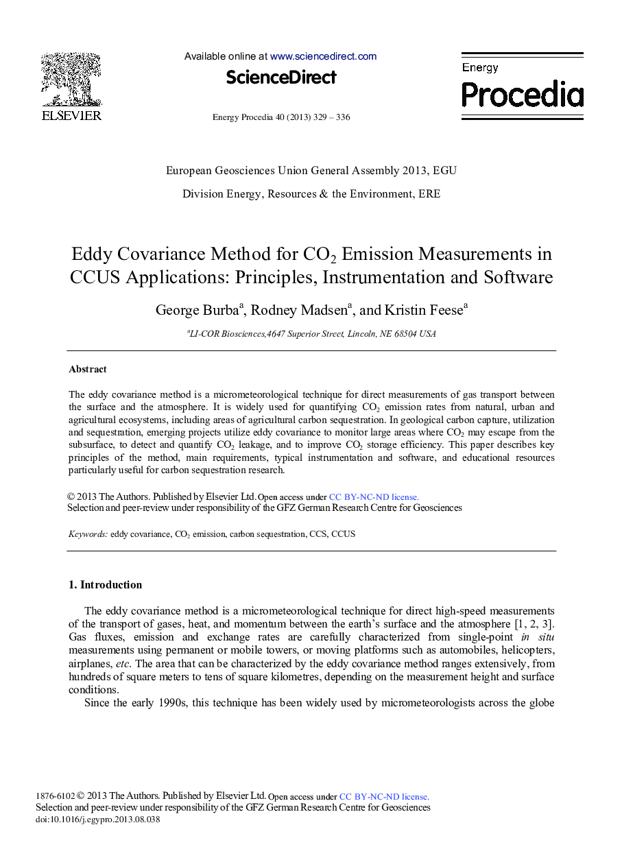 Eddy Covariance Method for CO2 Emission Measurements in CCUS Applications: Principles, Instrumentation and Software 