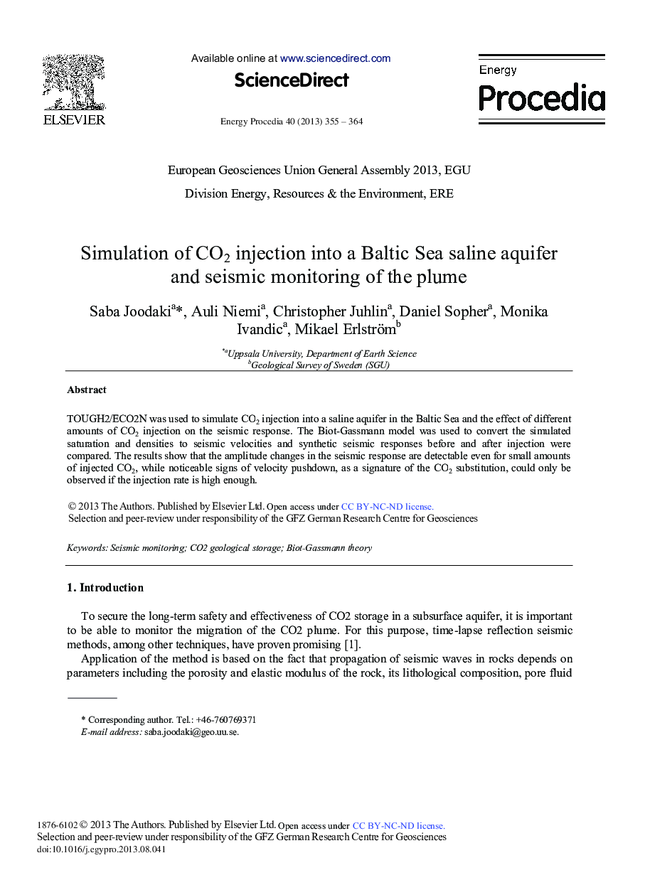 Simulation of CO2 Injection into a Baltic Sea Saline Aquifer and Seismic Monitoring of the Plume 