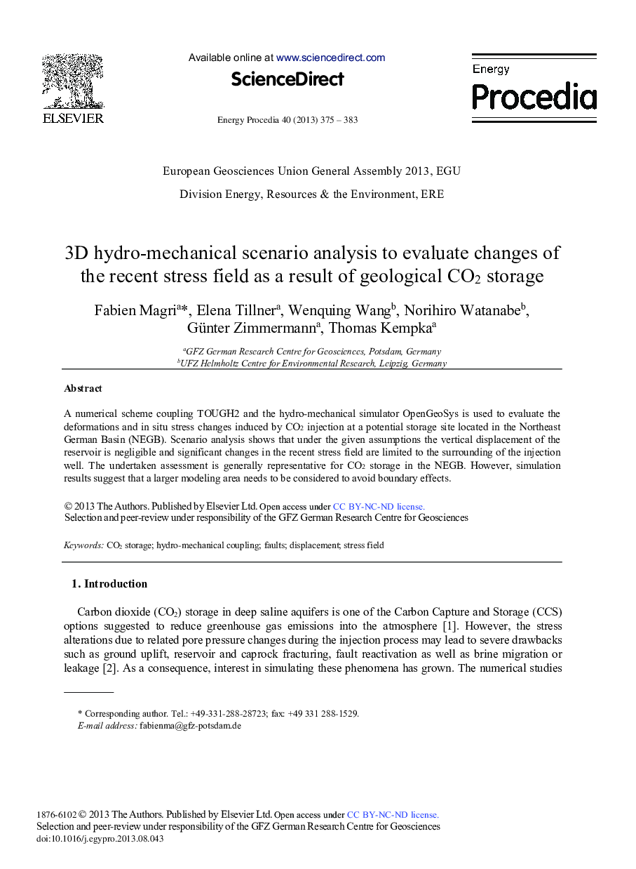 3D Hydro-mechanical Scenario Analysis to Evaluate Changes of the Recent Stress Field as a Result of Geological CO2 Storage 