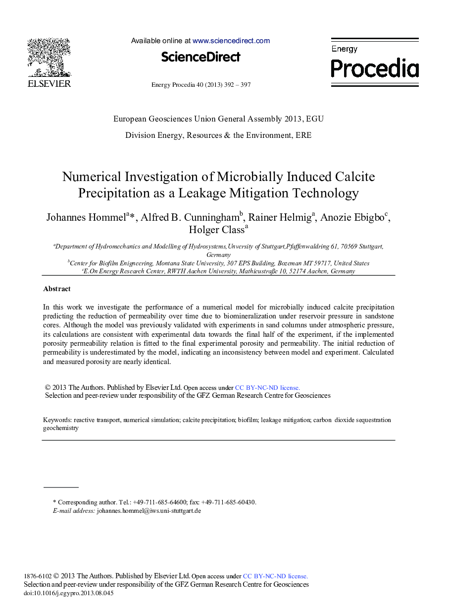 Numerical Investigation of Microbially Induced Calcite Precipitation as a Leakage Mitigation Technology 