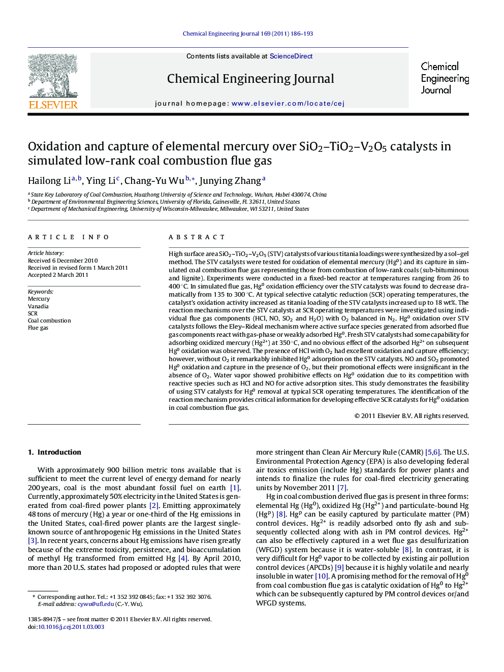 Oxidation and capture of elemental mercury over SiO2–TiO2–V2O5 catalysts in simulated low-rank coal combustion flue gas