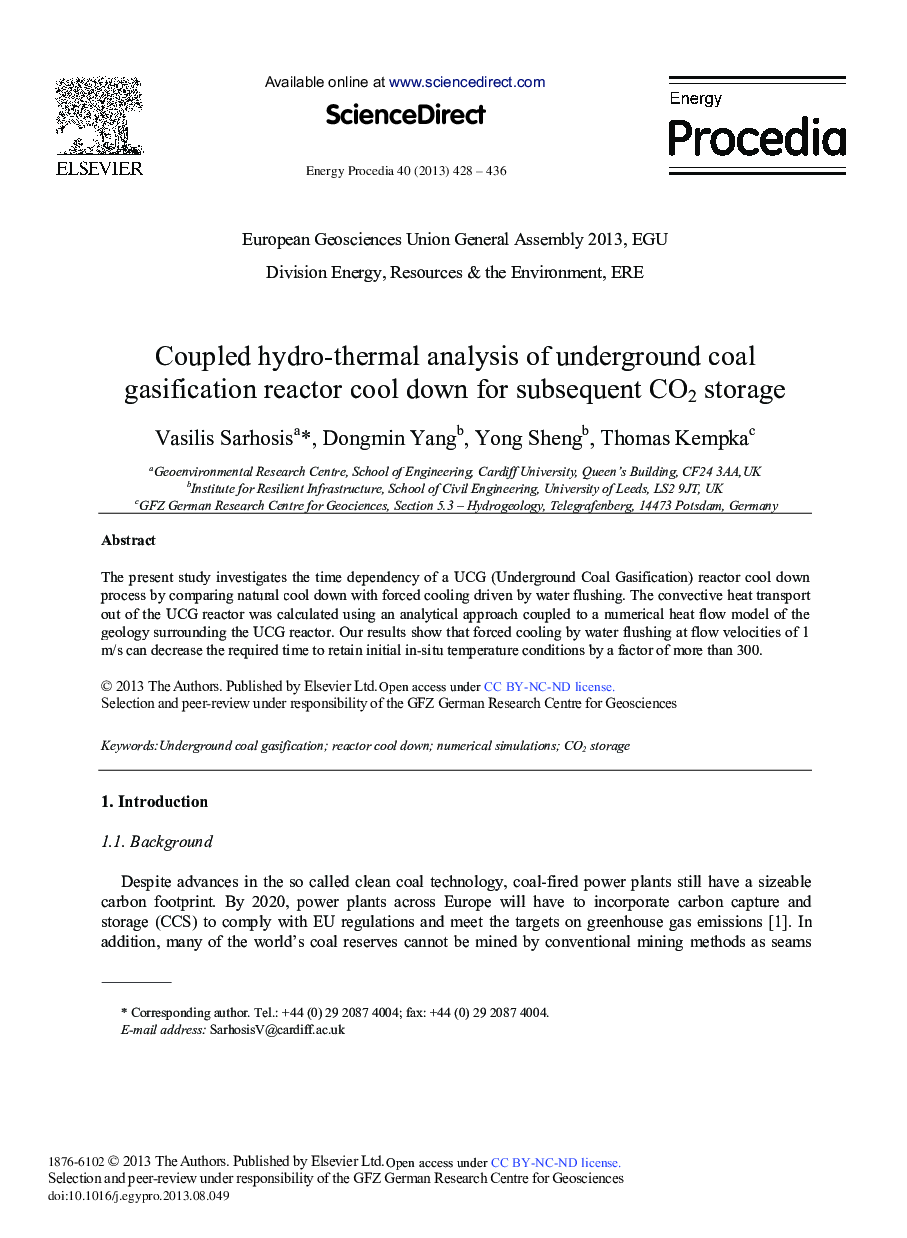 Coupled Hydro-thermal Analysis of Underground Coal Gasification Reactor Cool Down for Subsequent CO2 Storage 
