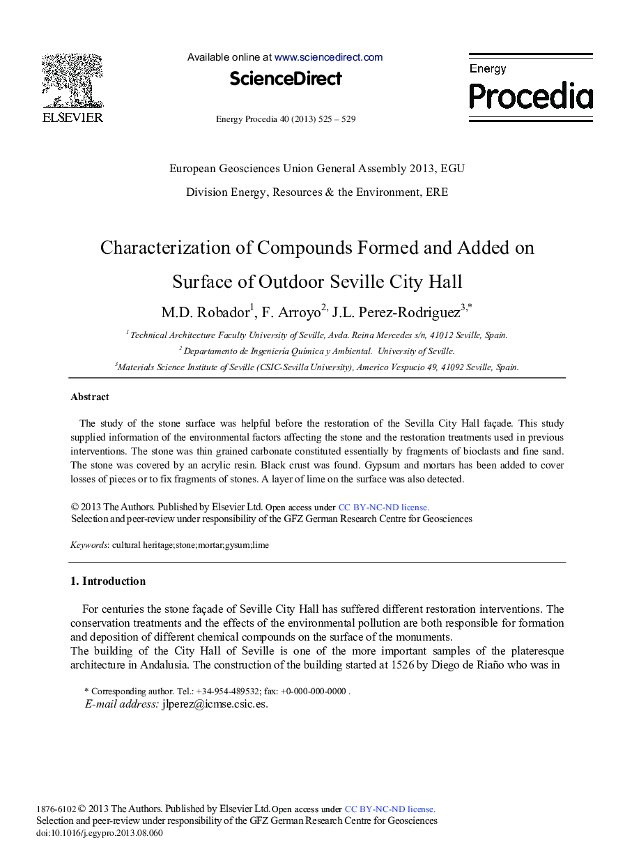 Characterization of Compounds Formed and Added on Surface of Outdoor Seville City Hall 