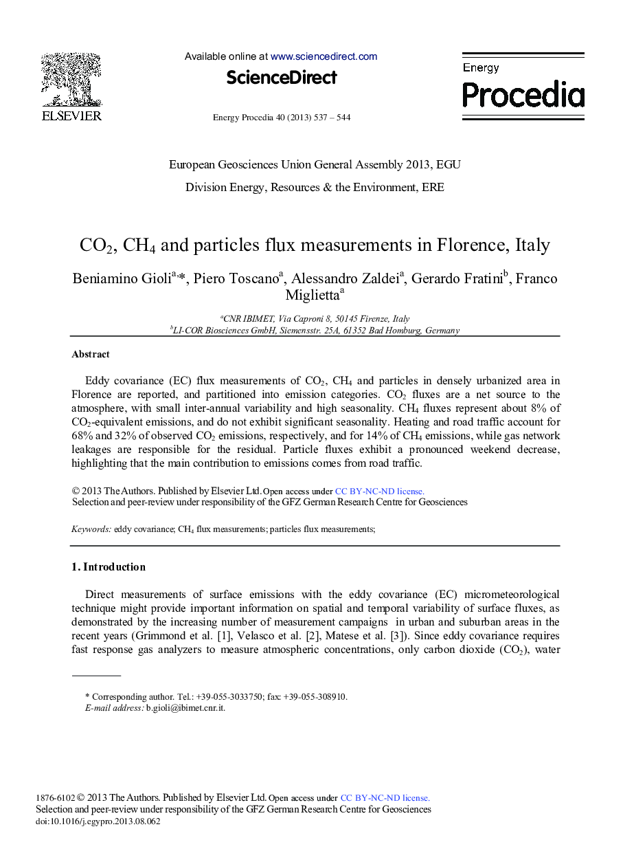 CO2, CH4 and Particles Flux Measurements in Florence, Italy 
