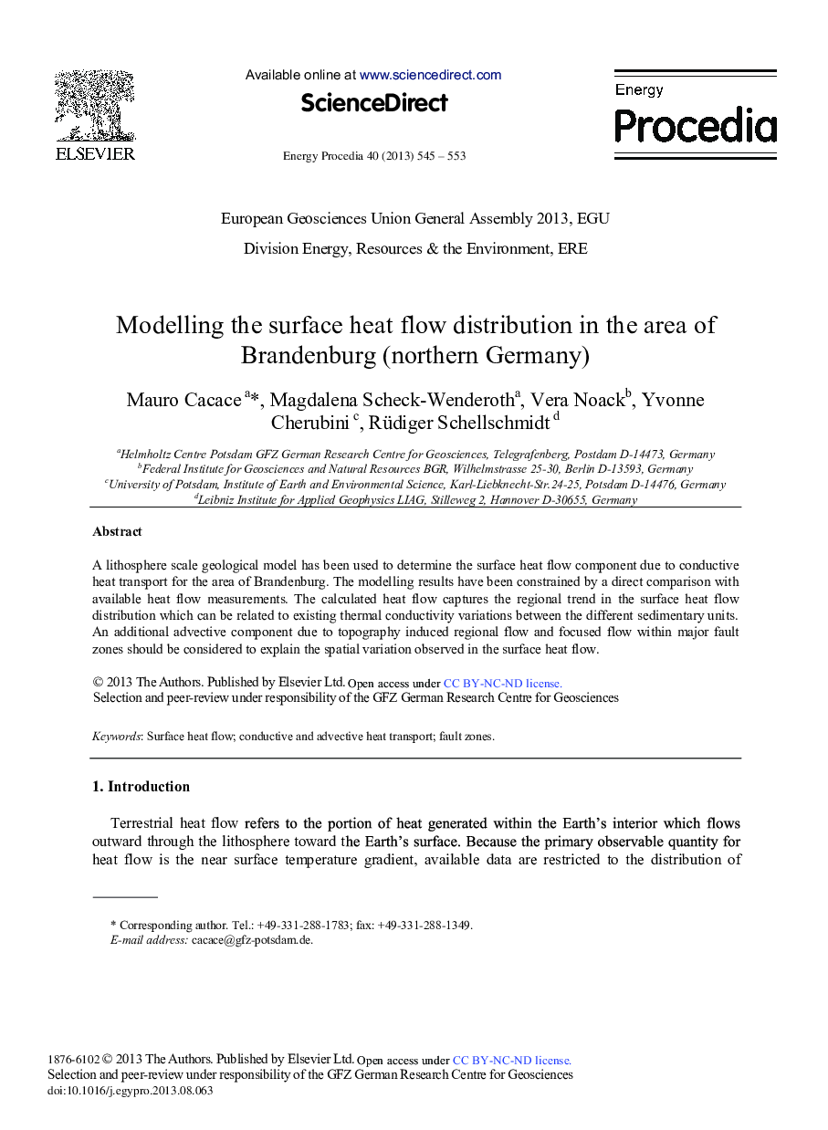 Modelling the Surface Heat Flow Distribution in the Area of Brandenburg (Northern Germany) 