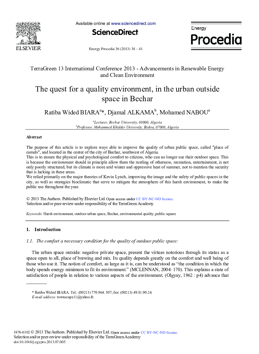 عکس صفحه اول مقاله: The Quest for a Quality Environment, in the Urban Outside Space in Bechar The Quest for a Quality Environment, in the Urban Outside Space in Bechar