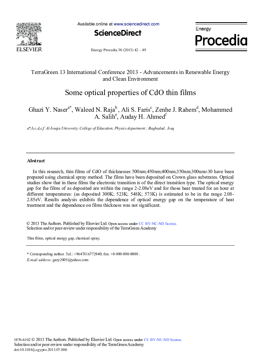عکس صفحه اول مقاله: Some Optical Properties of CdO Thin Films Some Optical Properties of CdO Thin Films