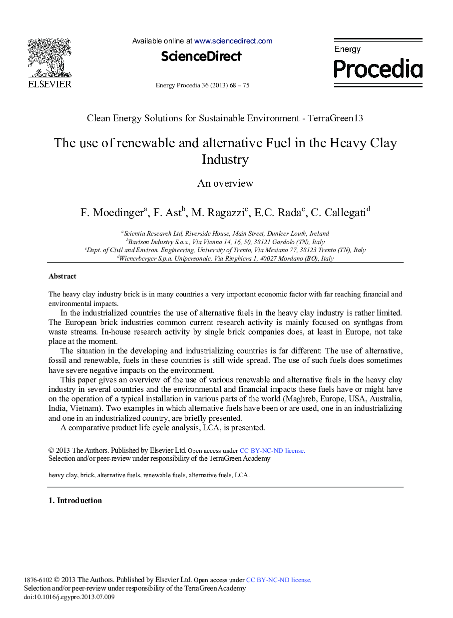عکس صفحه اول مقاله: The Use of Renewable and Alternative Fuel in the Heavy Clay Industry The Use of Renewable and Alternative Fuel in the Heavy Clay Industry
