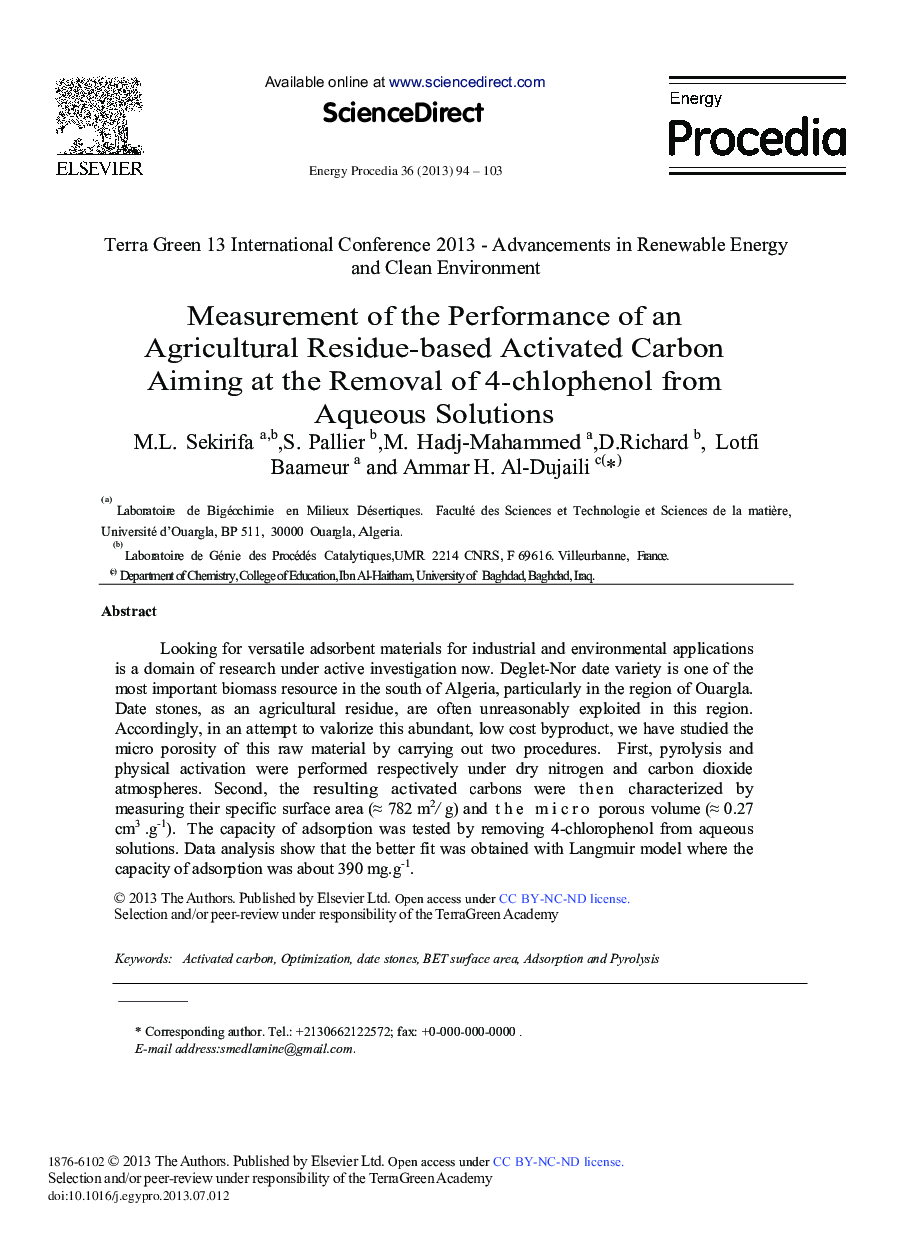 عکس صفحه اول مقاله: Measurement of the Performance of an Agricultural Residue-based Activated Carbon Aiming at the Removal of 4-chlophenol from Aqueous Solutions Measurement of the Performance of an Agricultural Residue-based Activated Carbon Aiming at the Removal of 4-chlophenol from Aqueous Solutions