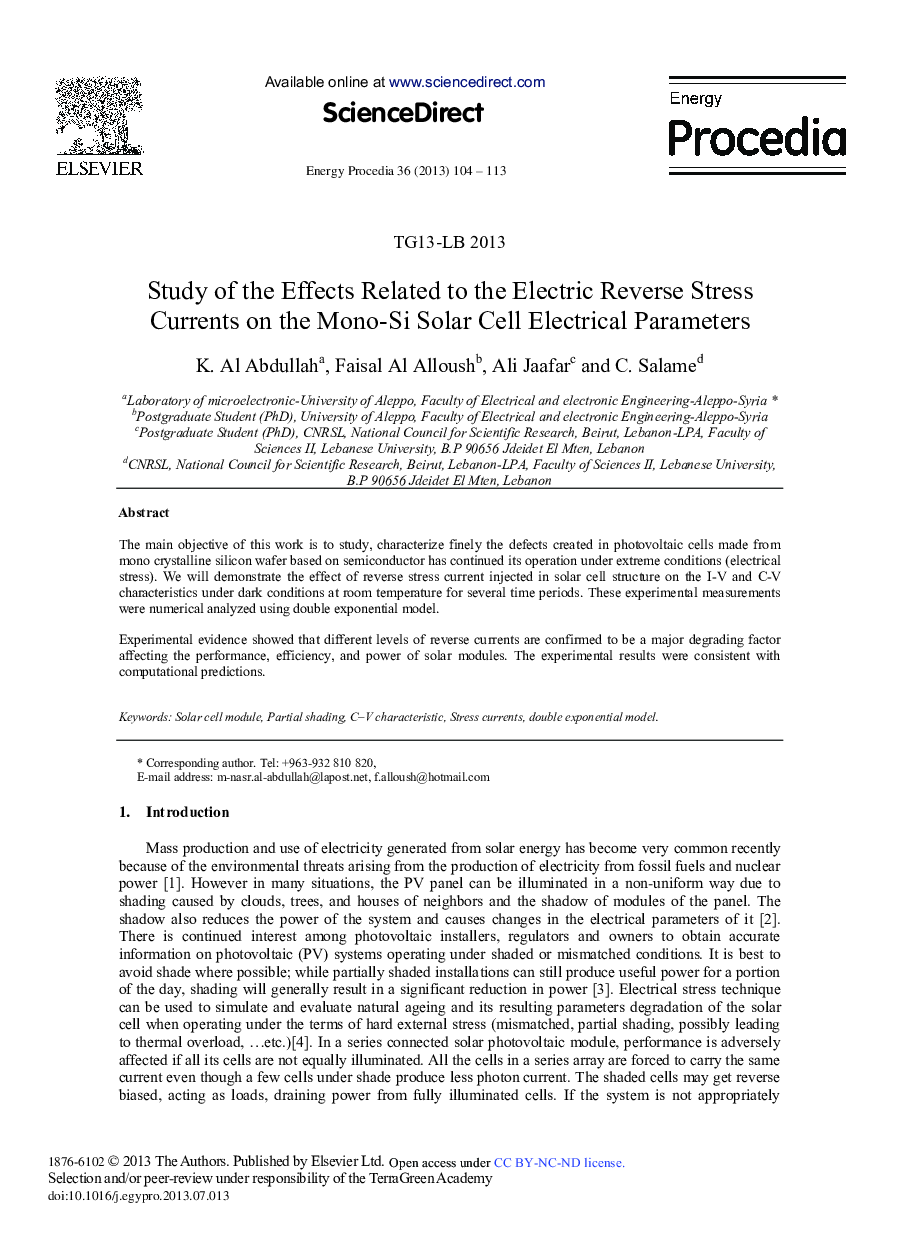 عکس صفحه اول مقاله: Study of the Effects Related to the Electric Reverse Stress Currents on the Mono-Si Solar Cell Electrical Parameters Study of the Effects Related to the Electric Reverse Stress Currents on the Mono-Si Solar Cell Electrical Parameters