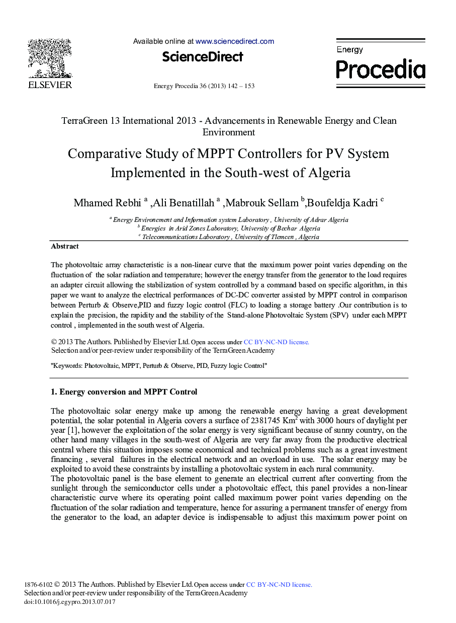 عکس صفحه اول مقاله: Comparative Study of MPPT Controllers for PV System Implemented in the South-West of Algeria Comparative Study of MPPT Controllers for PV System Implemented in the South-West of Algeria