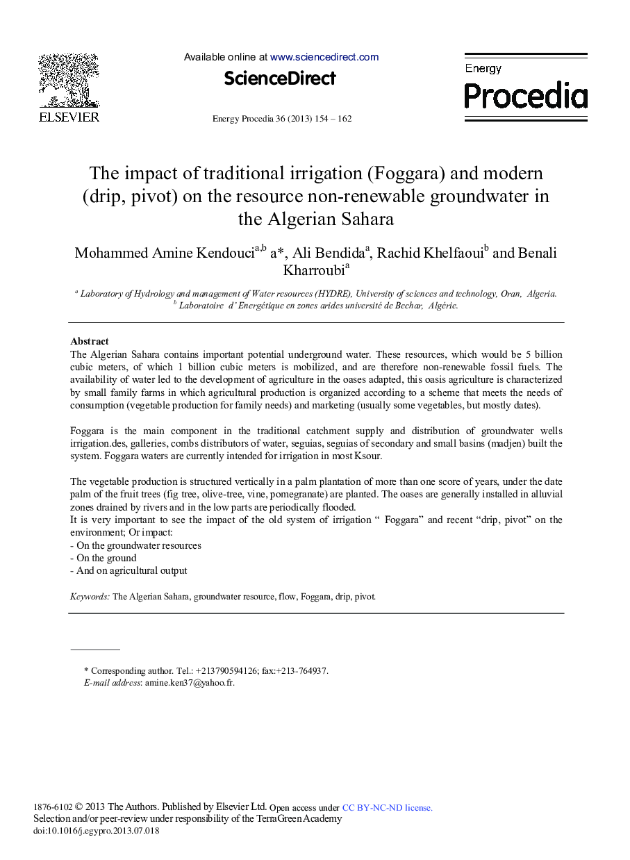 عکس صفحه اول مقاله: The Impact of Traditional Irrigation (Foggara) and Modern (drip, pivot) on the Resource Non-Renewable Groundwater in the Algerian Sahara The Impact of Traditional Irrigation (Foggara) and Modern (drip, pivot) on the Resource Non-Renewable Groundwater in the Algerian Sahara