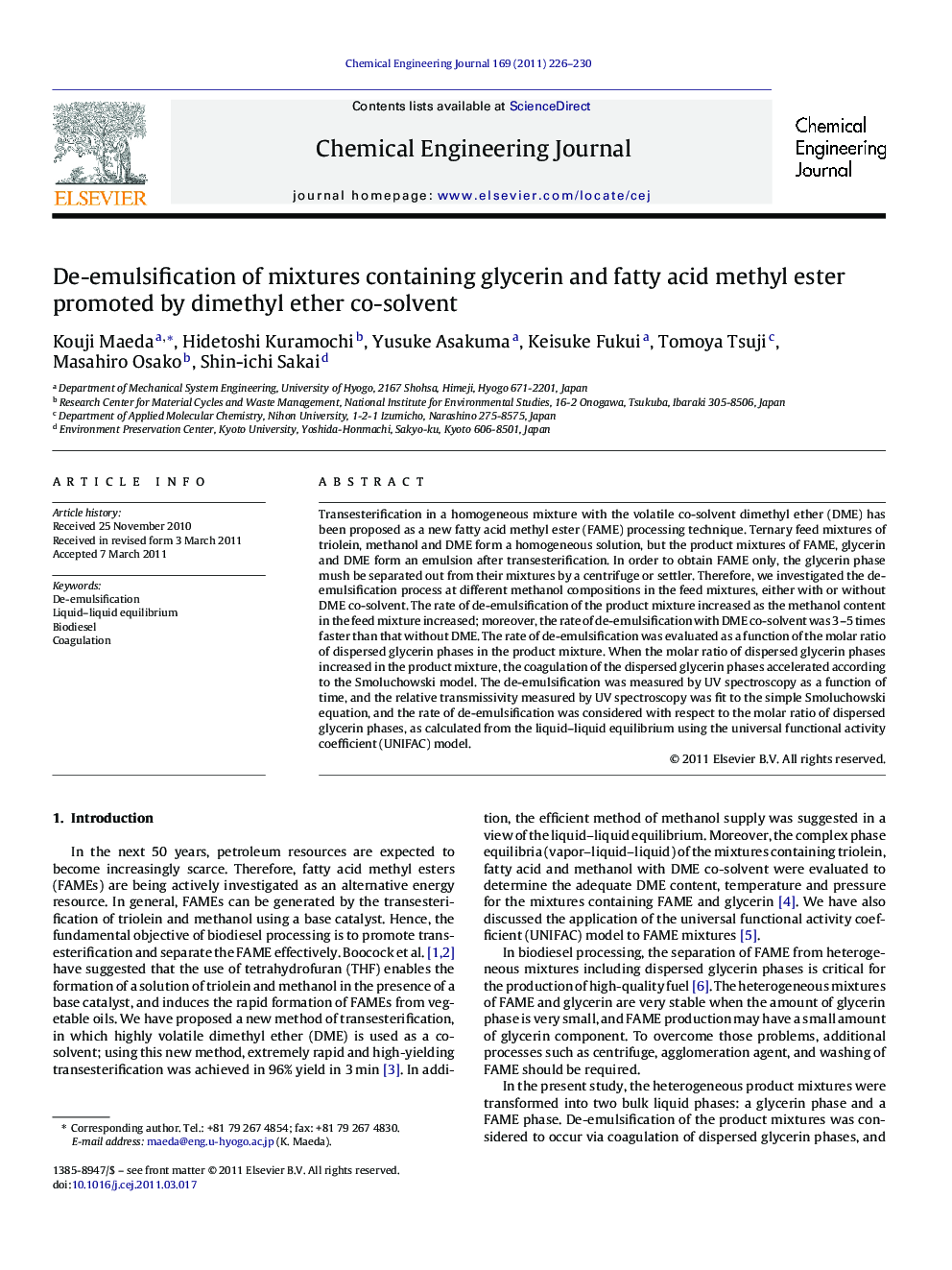 De-emulsification of mixtures containing glycerin and fatty acid methyl ester promoted by dimethyl ether co-solvent