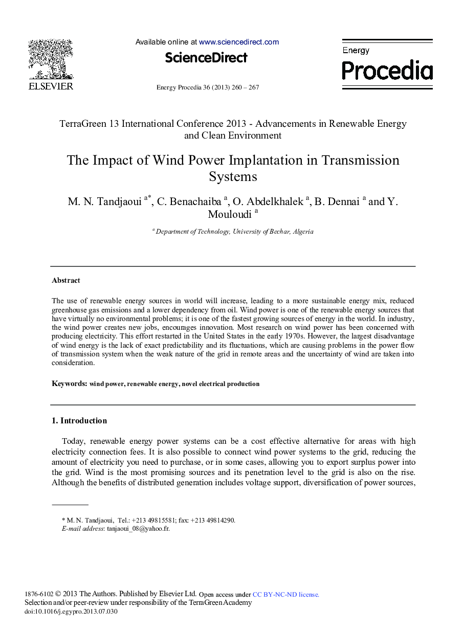 عکس صفحه اول مقاله: The Impact of Wind Power Implantation in Transmission Systems The Impact of Wind Power Implantation in Transmission Systems